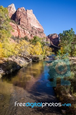 Virgin River Meandering Through The Mountains Of Zion Stock Photo