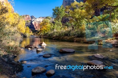 Virgin River Meandering Through The Mountains Of Zion Stock Photo