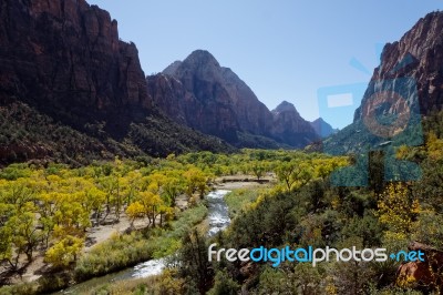 Virgin River Valley In Zion National Park Stock Photo