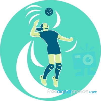 Volleyball Player Spiking High Circle Retro Stock Image