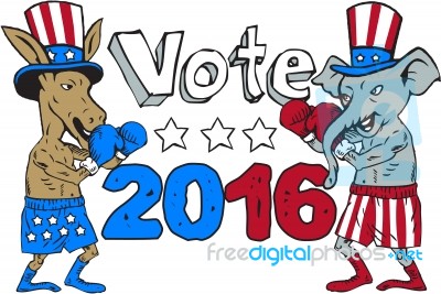 Vote 2016 Donkey Boxer And Elephant Mascot Cartoon Stock Image