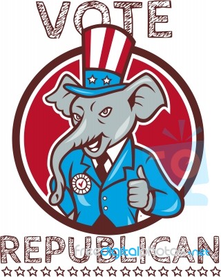 Vote Republican Elephant Mascot Thumbs Up Circle Cartoon Stock Image