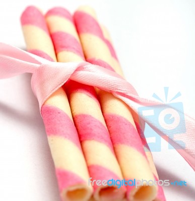 Wafer Biscuits Means Pink Cookies And Bicky Stock Photo