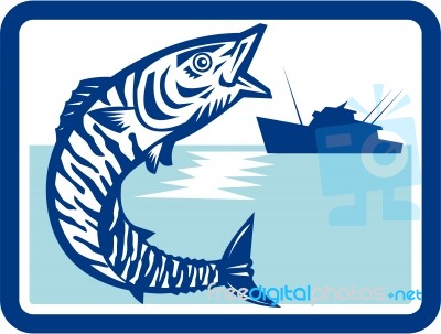 Wahoo Fish Jumping Fishing Boat Rectangle Retro Stock Image