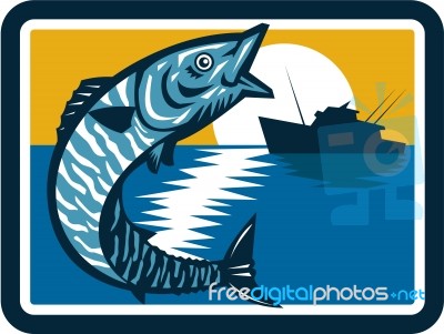 Wahoo Fish Jumping Fishing Boat Square Retro Stock Image