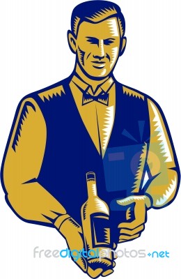 Waiter Presenting Wine Bottle Woodcut Stock Image