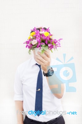 Waiting For His Girlfriend. Close Up Of Handsome Young Man Holdi… Stock Photo