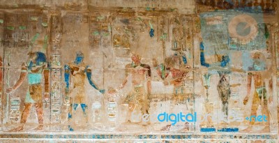 Wall Paintings In Temple Of Hatshepsut In Egypt Stock Photo