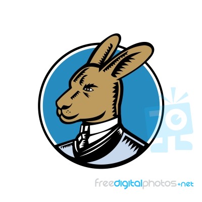 Wallaby Wearing Business Suit Circle Woodcut Color Stock Image