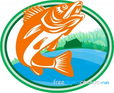 Walleye Fish Lake Cabin Oval Retro Stock Image