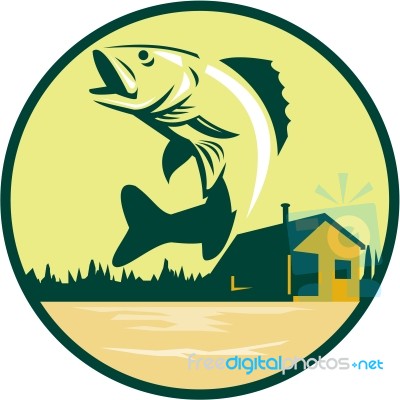 Walleye Fish Lake Lodge Cabin Circle Retro Stock Image