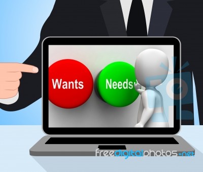 Wants Needs Buttons Displays Materialism Happy Life Balance Stock Image