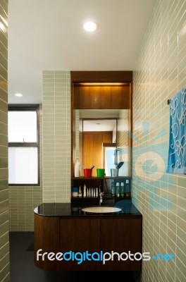 Washbasin With A Shelf And A Mirror Stock Photo