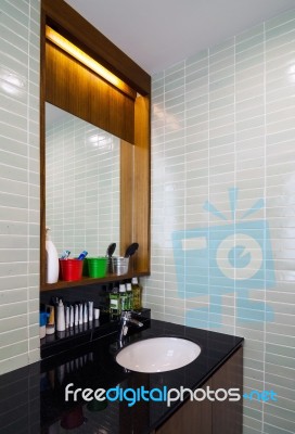 Washbasin With A Shelf And A Mirror Stock Photo