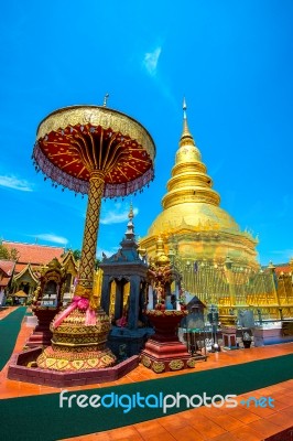 Wat Phrathat Hariphunchai Golden Pagoda In Lamphun,thailand Stock Photo