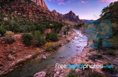 Watchman Peak And Virgin River In The Evening Stock Photo