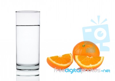 Water Of Glass With Orange Isolated On The White Background Stock Photo