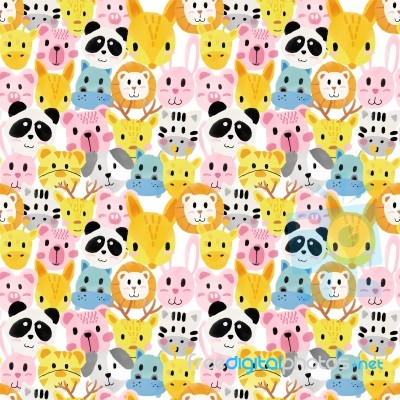 Watercolour Cute Animal Faces Pattern Seamless Stock Image