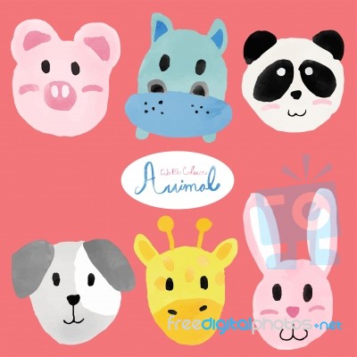 Watercolour Cute Animal Faces, Pig, Hippo, Panda, Dog, Giraffe, Rabbit Stock Image