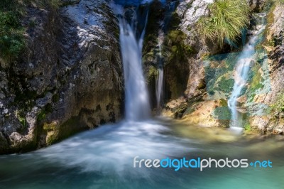 Waterfall At The Val Vertova Torrent Lombardy Near Bergamo In It… Stock Photo