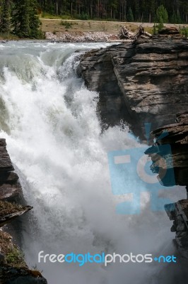 Waterfall On The Athabasca River In Jasper National Park Stock Photo