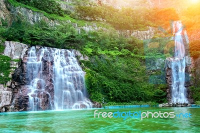 Waterfall With Sunlight In Korea Stock Photo