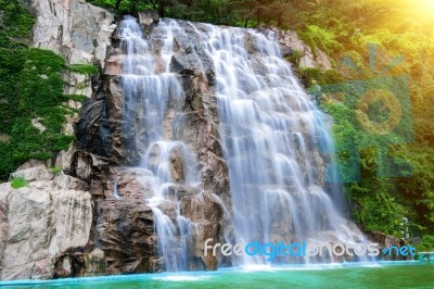 Waterfall With Sunlight In Korea Stock Photo
