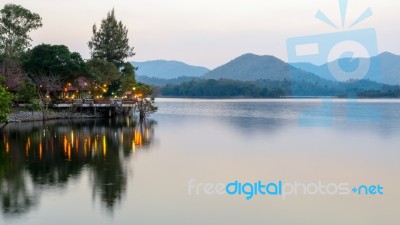 Waterfront Restaurants In The Evening Stock Photo