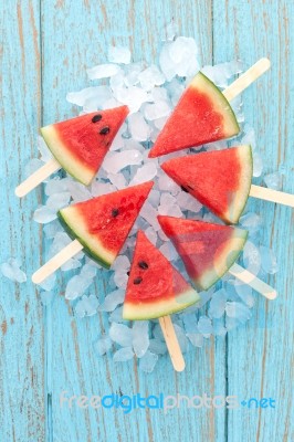 Watermelon Popsicle Yummy Fresh Summer Fruit Sweet Dessert Wood Stock Photo