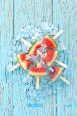 Watermelon Popsicle Yummy Fresh Summer Fruit Sweet Dessert Wood Stock Photo