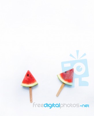 Watermelon Slice Popsicles On White Background Stock Photo