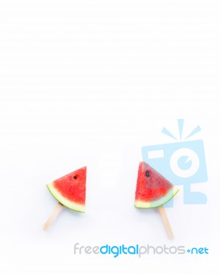 Watermelon Slice Popsicles On White Background Stock Photo