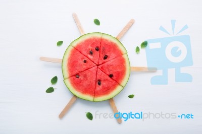 Watermelon Slice Popsicles On White Background Stock Photo