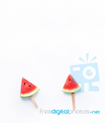 Watermelon Slice Popsicles On White Background Stock Photo