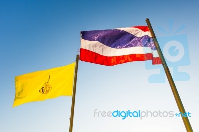 Wave Of Thai Flags And King Flags Of Thailand Stock Photo