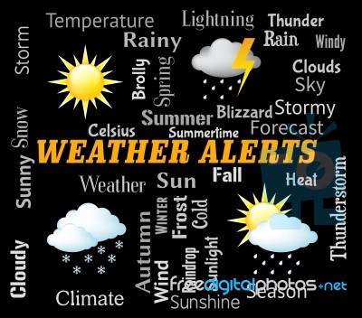 Weather Alerts Shows Forecast Warning And Update Stock Image