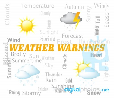 Weather Warnings Shows Meteorological Conditions And Caution Stock Image