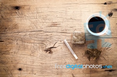 Weed Marijuana Hashish Roll Wood Background Stock Photo