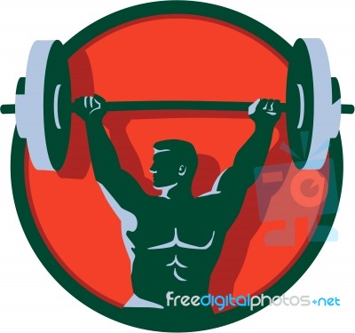 Weightlifter Lifting Barbell Circle Retro Stock Image