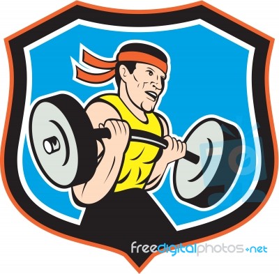 Weightlifter Lifting Barbell Shield Cartoon Stock Image