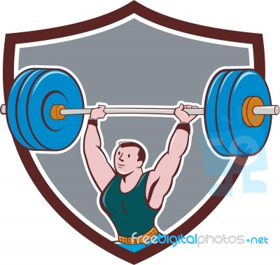 Weightlifter Lifting Barbell Shield Cartoon Stock Image