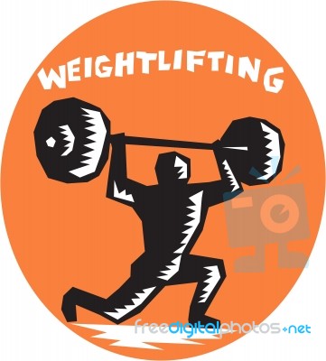 Weightlifter Lifting Weights Oval Woodcut Stock Image