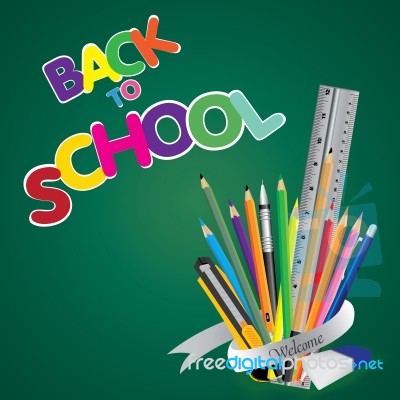 Welcome Back To School. Board With Object Tool For School On A Green Background Stock Image