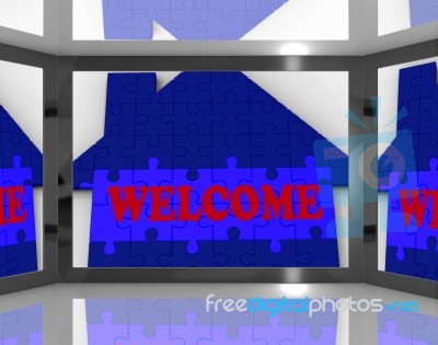 Welcome House On Screen Showing Welcoming Guests Stock Image