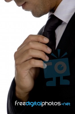 Well Dressed Businessman Adjusting His Tie Stock Photo