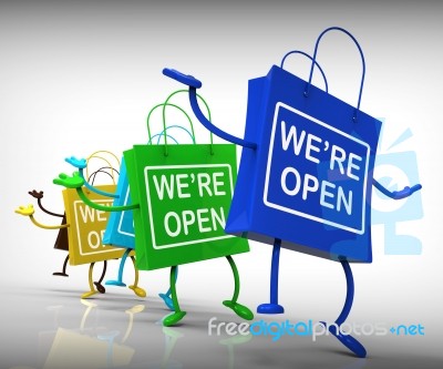 We're Open Bags Show Shopping Availability And Grand Opening Stock Image