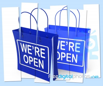 We're Open Shopping Bags Show Grand Opening Or Launch Stock Image