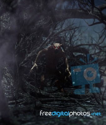 Werewolf In Creepy Forest,3d Rendering For Book Cover Stock Image