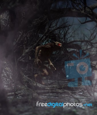 Werewolf In Creepy Forest,3d Rendering For Book Cover Stock Image