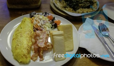 Western Style Breakfast In White Plate Stock Photo